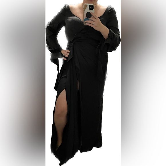 PARTY EVENING BLACK LONG SLEEVE SATIN PROM DRESS GOWN LONG MAXI CD7478 - Picture 4 of 4
